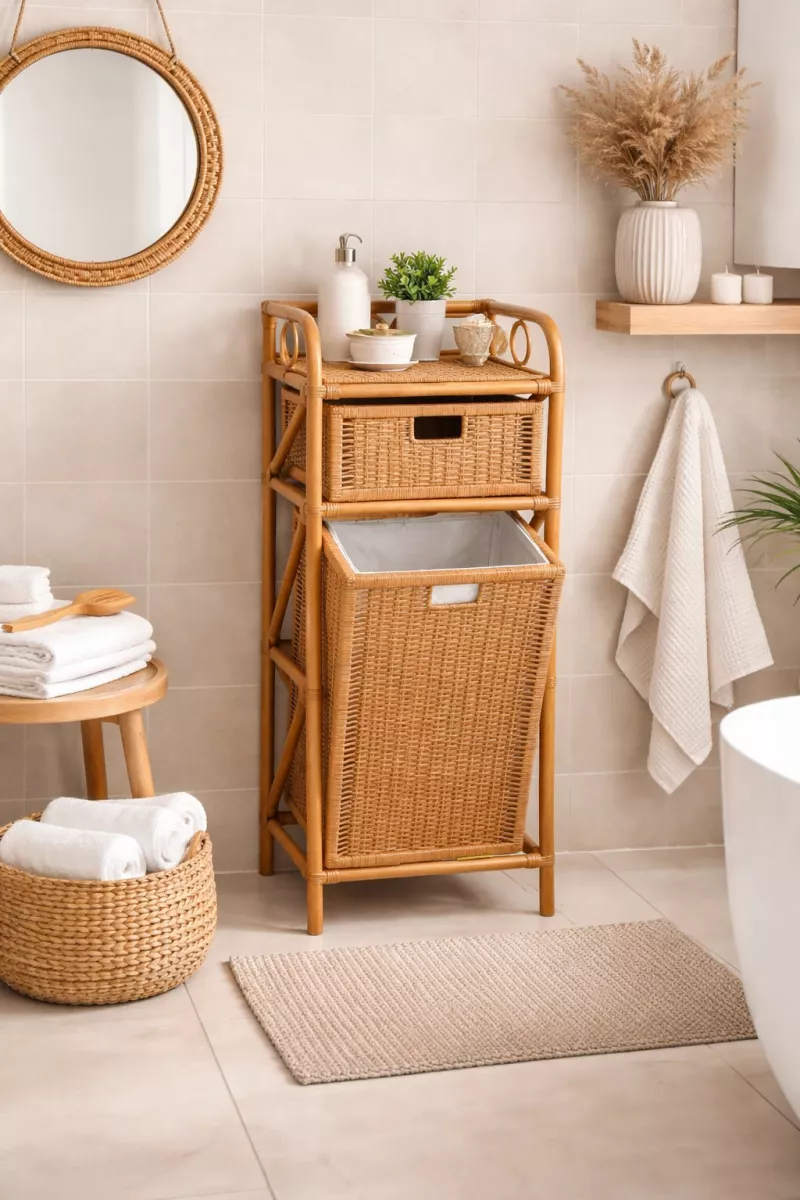 Elegantes Rattan-Regal mit Wäschesammler – handgeflochten, honigfarben, mit Schublade & Ablage