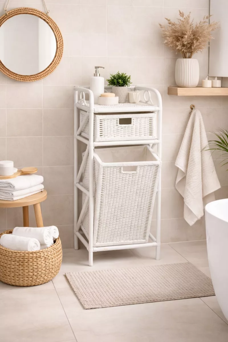 Elegantes Rattan-Regal in Weiß mit integriertem Wäschekorb – Stilvoll & praktisch