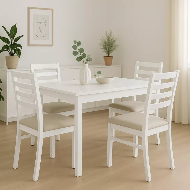 5-tlg. Essgruppe Weiß – ausziehbarer Esstisch + 4 Stühle mit Polsterung Beige