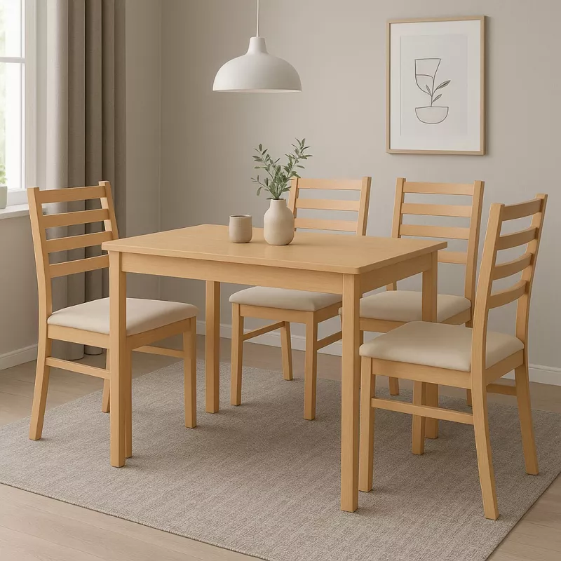 5-tlg. Essgruppe Bucheoptik – ausziehbarer Esstisch + 4 Stühle mit Polsterung Beige
