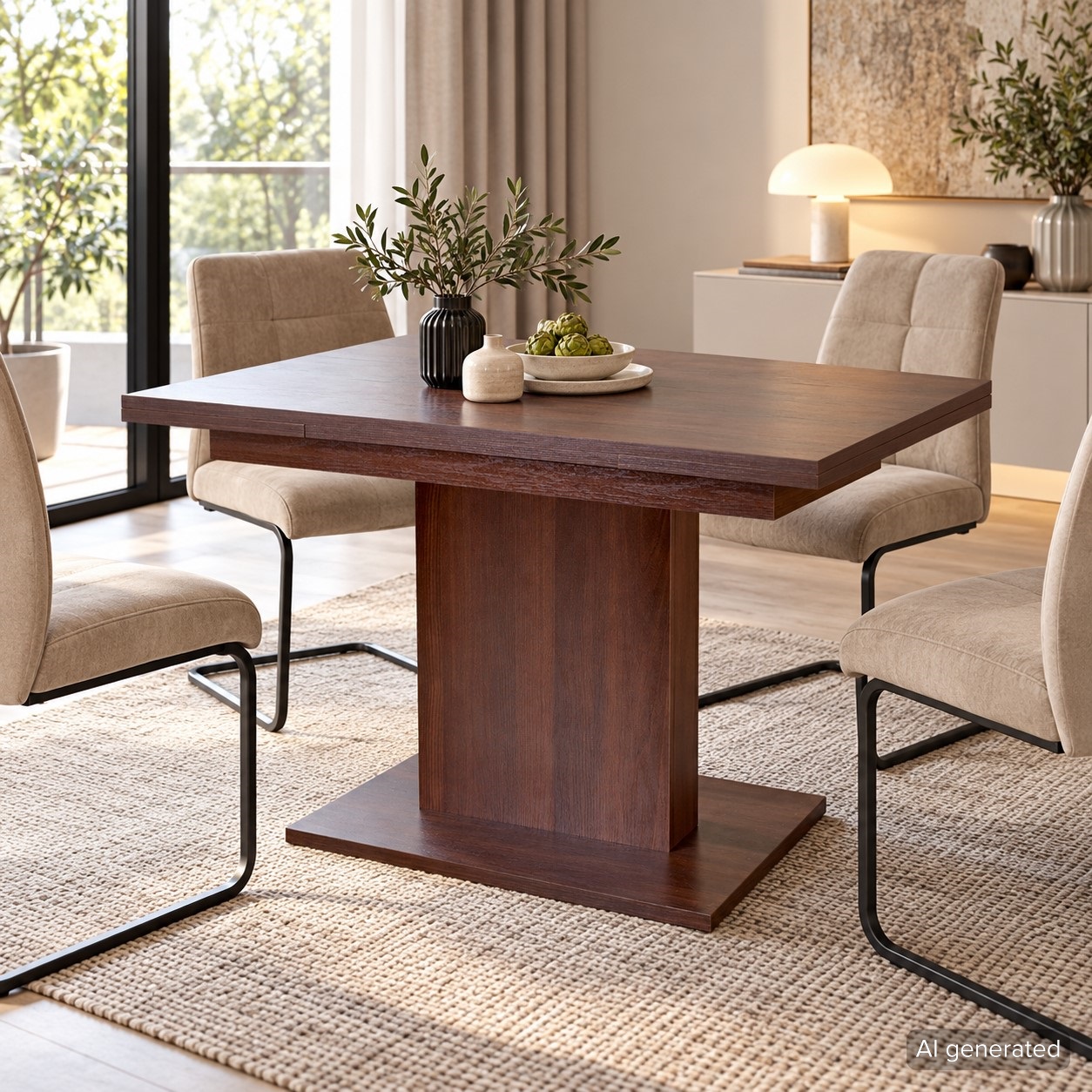 Moderner Säulenesstisch in Nussbaum-Optik, ausziehbar 110–170 cm, mit 2 Ansteckplatten