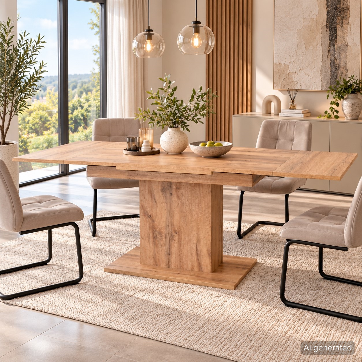 Moderner Säulenesstisch in Eiche-Nachbildung, ausziehbar 110–170 cm, mit 2 Ausziehplatten