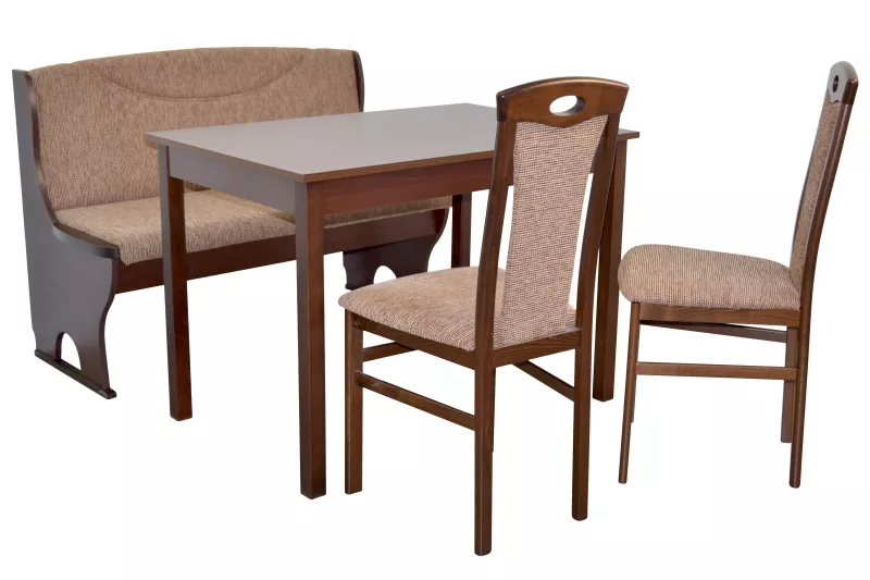  4tlg. Essgruppe mit Auszugs-Esstisch, Truhenbank, 2 Stühle; Nussbaum, Bezug cappuccino