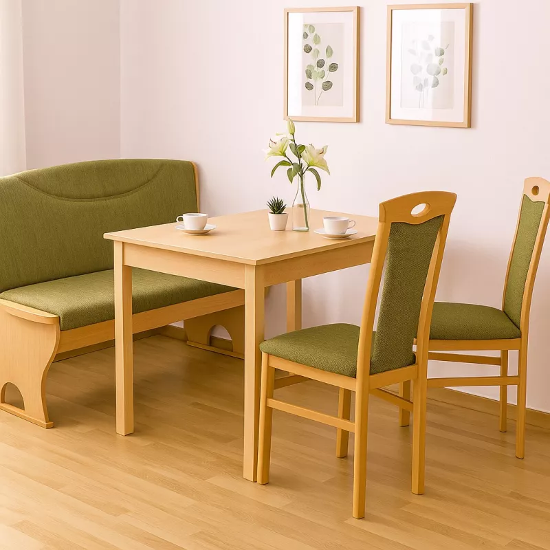 Moderne Essgruppe 4-teilig mit Truhenbank, Ausziehtisch & 2 Stühlen – Buche/Olive