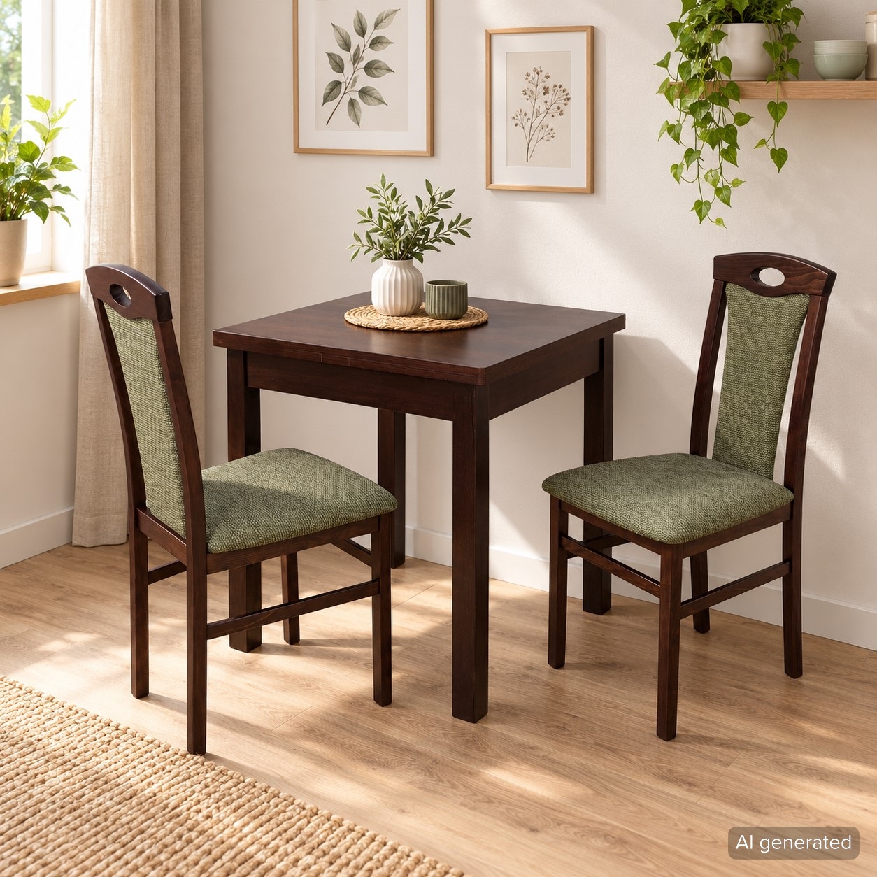 Essgruppe 3-teilig Nussbaum/Oliv – Ausziehbarer Esstisch 67–127 cm mit 2 Polsterstühlen