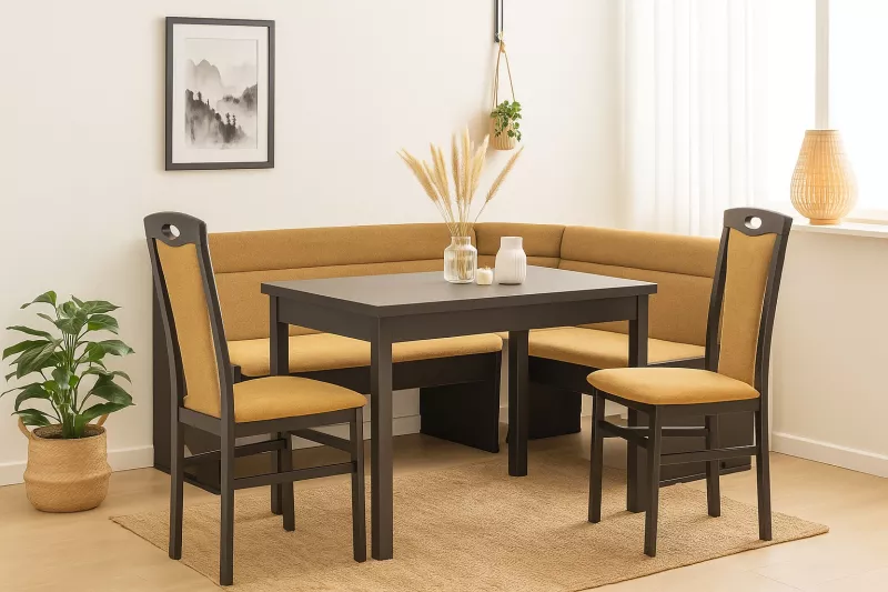 Eckbank Esszimmer Set mit Stauraum, Tisch & Massivholz-Stühlen – Gelb, 125x165 cm